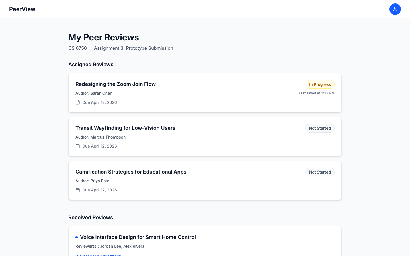 PeerView dashboard — assigned reviews