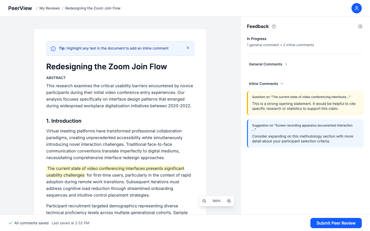 Inline comments panel with category tags