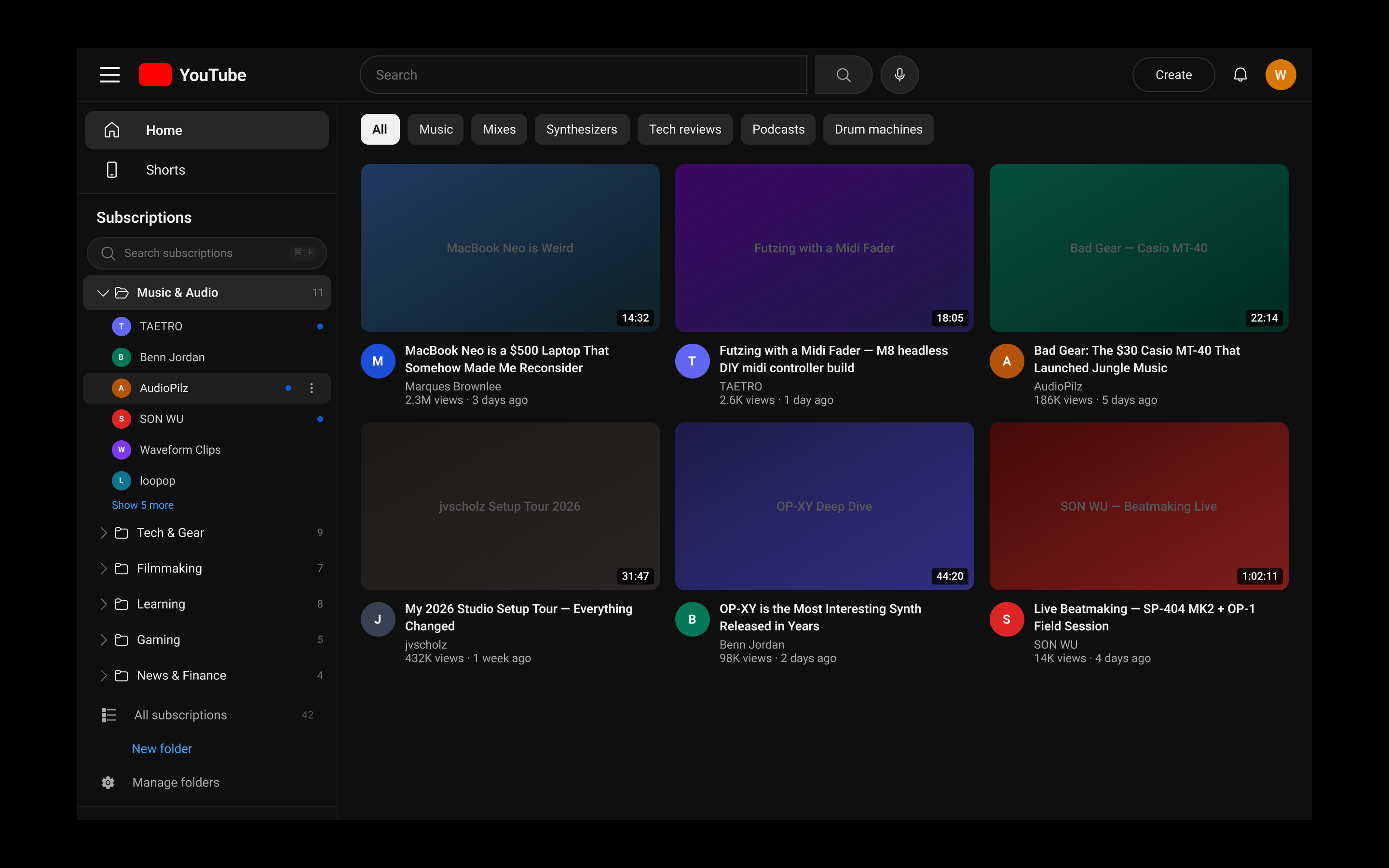 Folder-based subscriptions sidebar with Music & Audio expanded