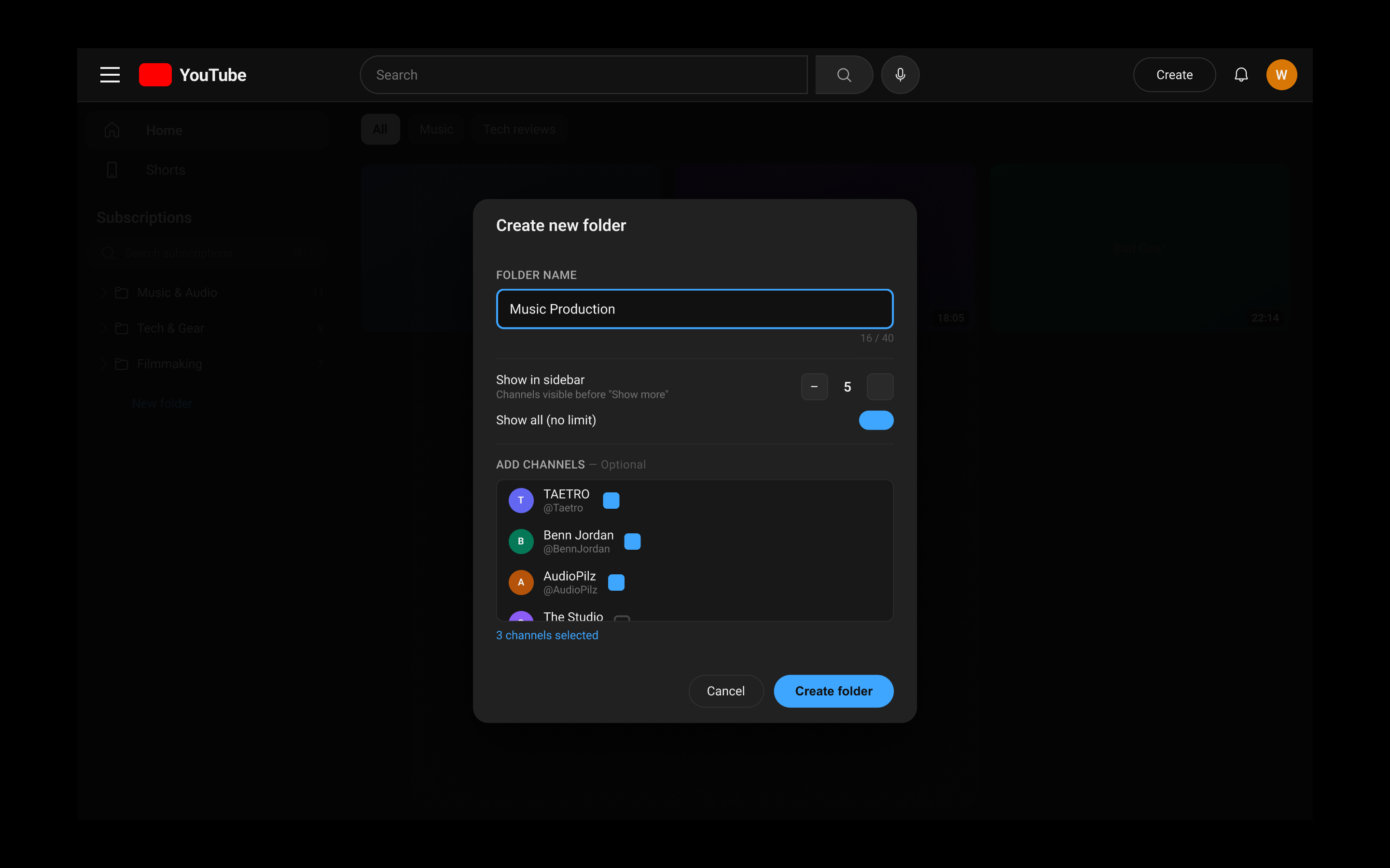 Create new folder modal