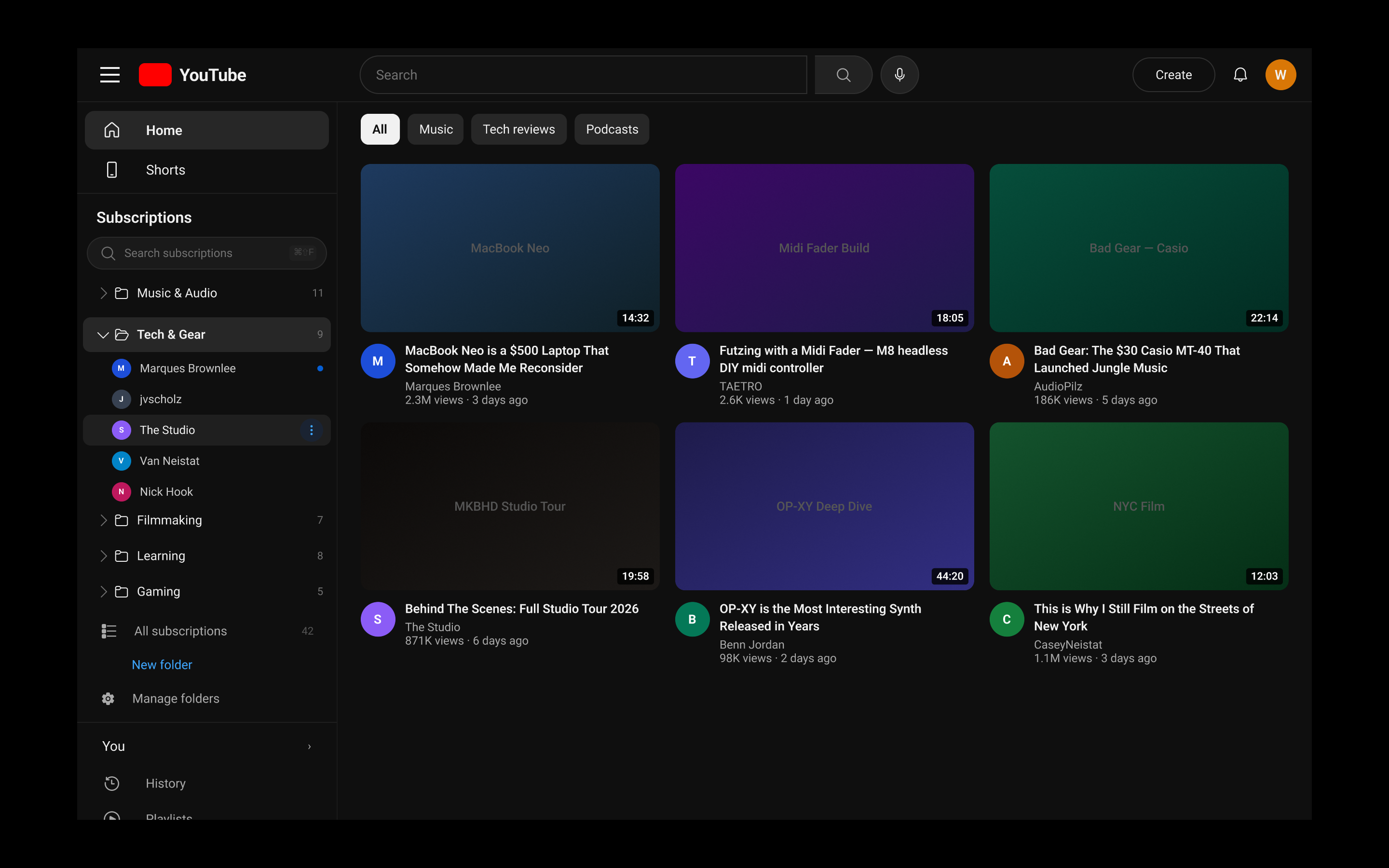 Tech & Gear folder expanded showing channels
