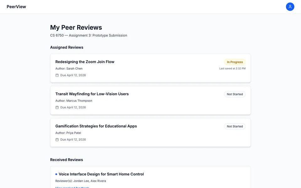PeerView dashboard — assigned reviews