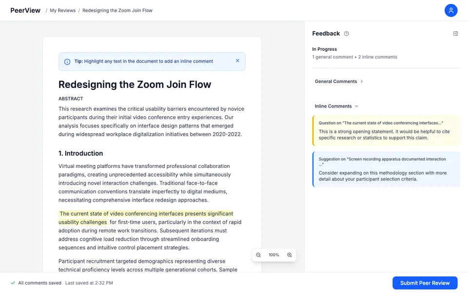 Inline comments panel with category tags
