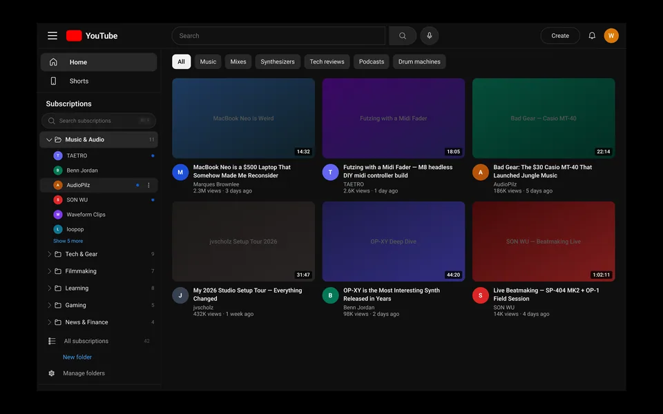 Folder-based subscriptions sidebar with Music & Audio expanded