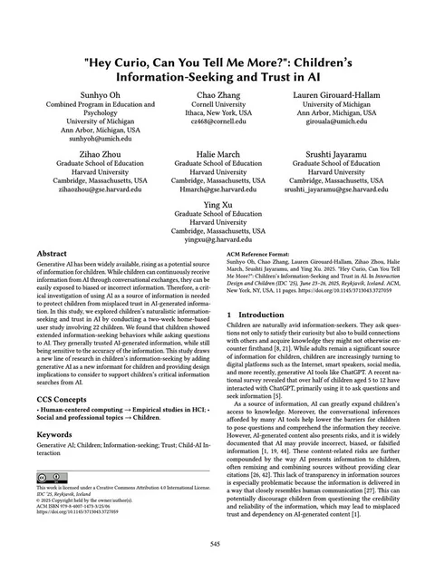 First page of "Hey Curio, Can You Tell Me More?": Children’s Information-Seeking and Trust in AI