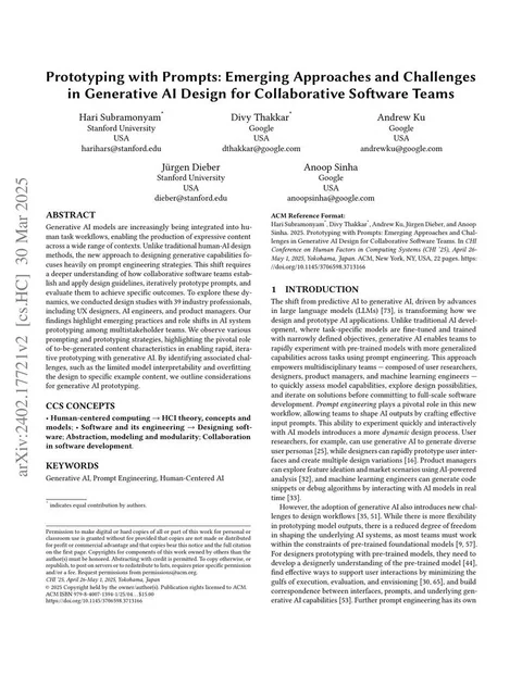 First page of Prototyping with Prompts: Emerging Approaches and Challenges in Generative AI Design for Collaborative Software Teams