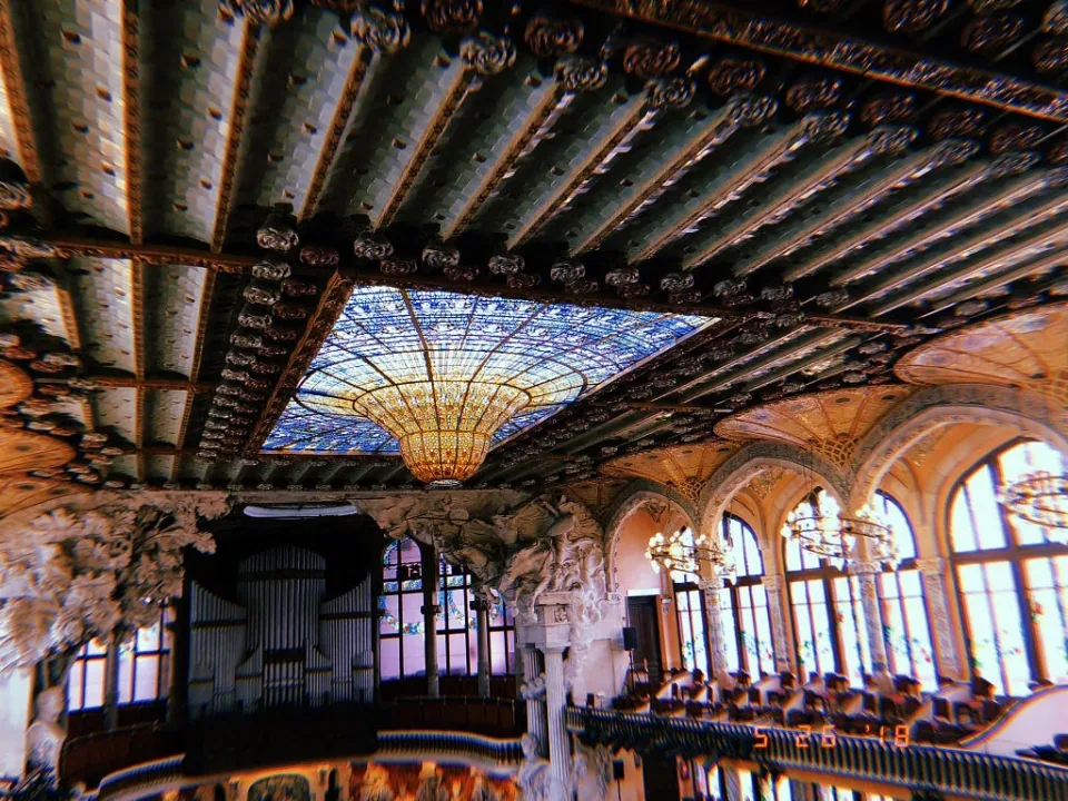 Palau de la Música Catalana’s concert hall and stained-glass ceiling