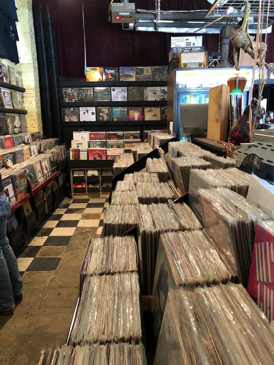 Rows of records inside a record shop