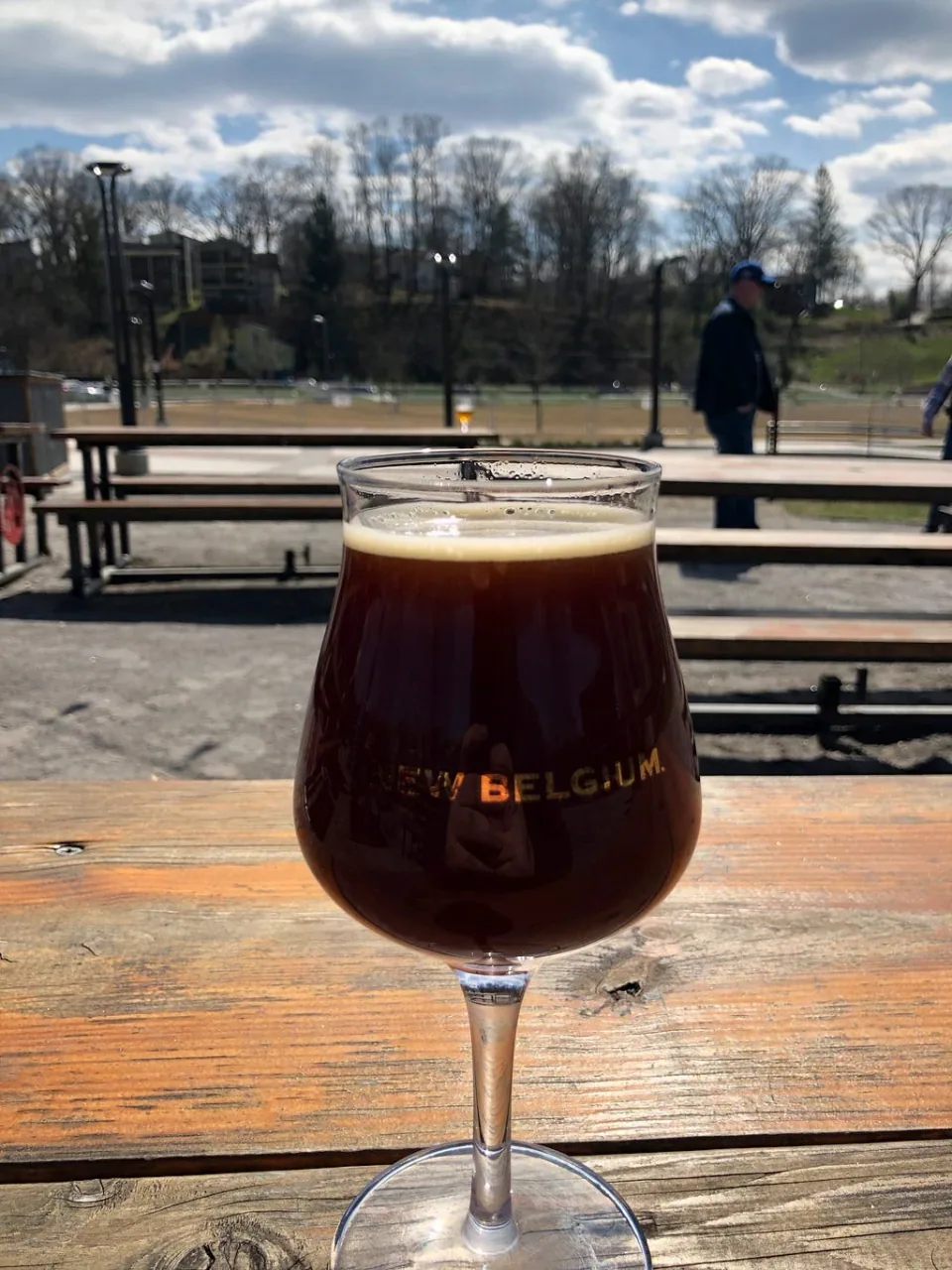 A glass of beer on an outdoor picnic table