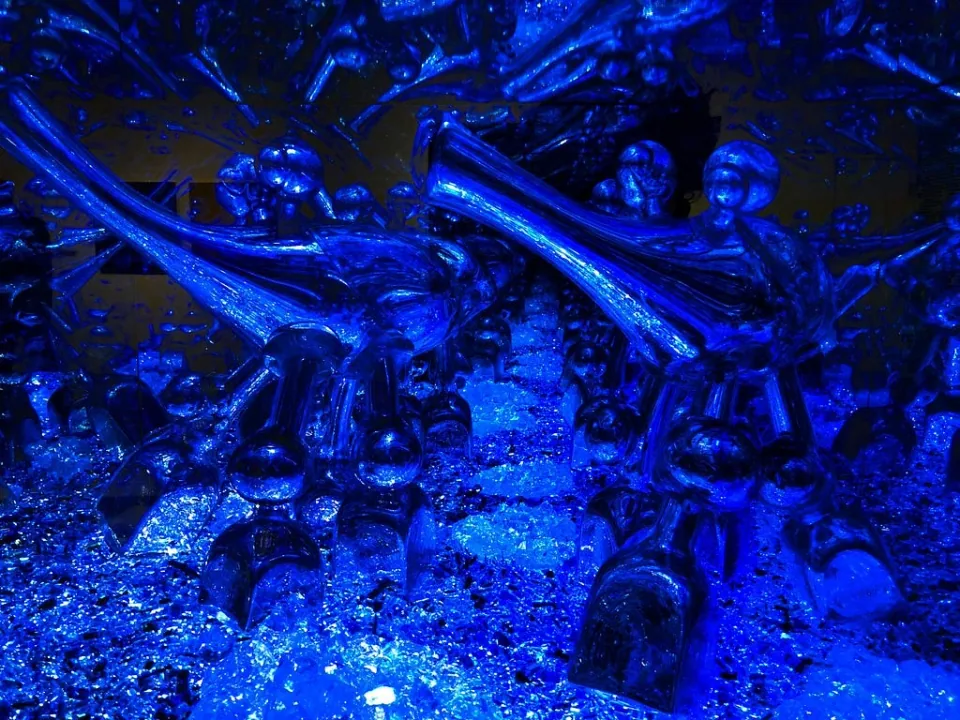 A blue-lit artwork inside a Knoxville museum