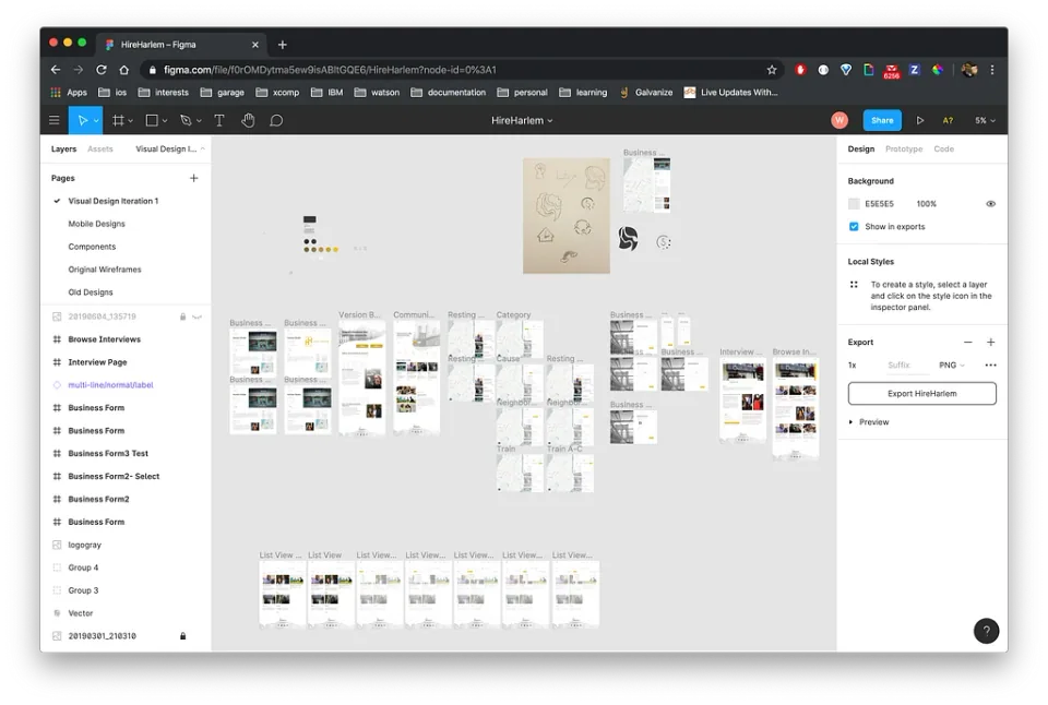 A design workspace with Hire Harlem page layouts