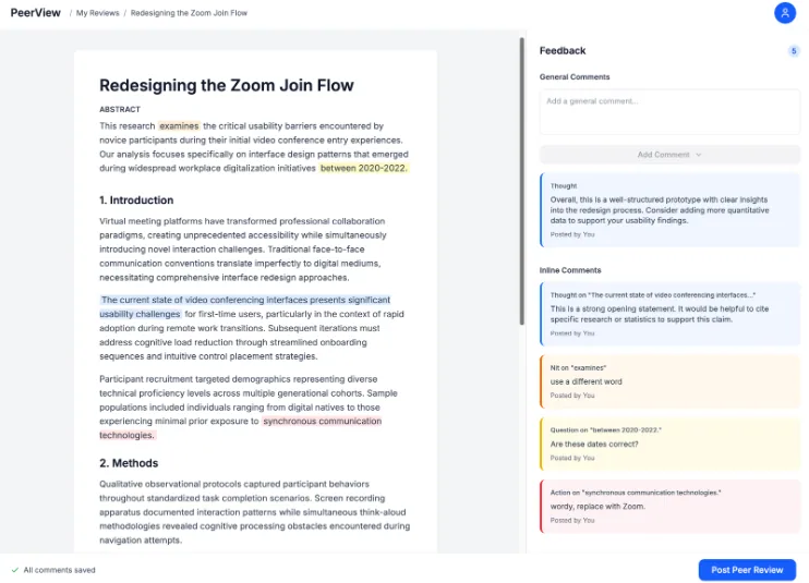 PeerView prototype showing a paper beside a panel of categorized general and inline comments.