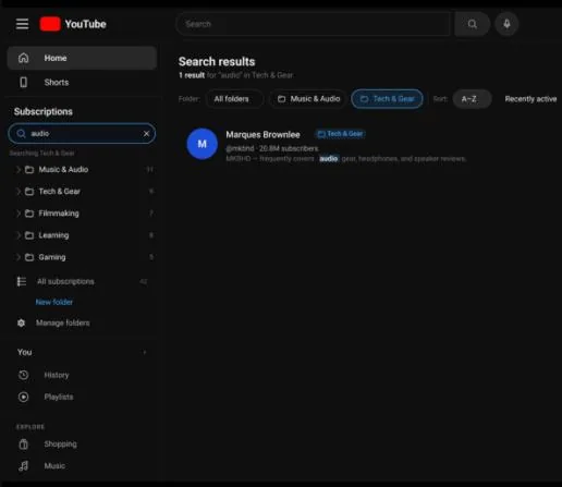YouTube subscriptions prototype with a folder-based sidebar, expandable categories, and channel counts.