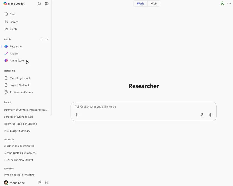 Animated prototype of a Copilot navigation pane with Chat, Library, Create, Agents, Notebooks, and recent conversations.